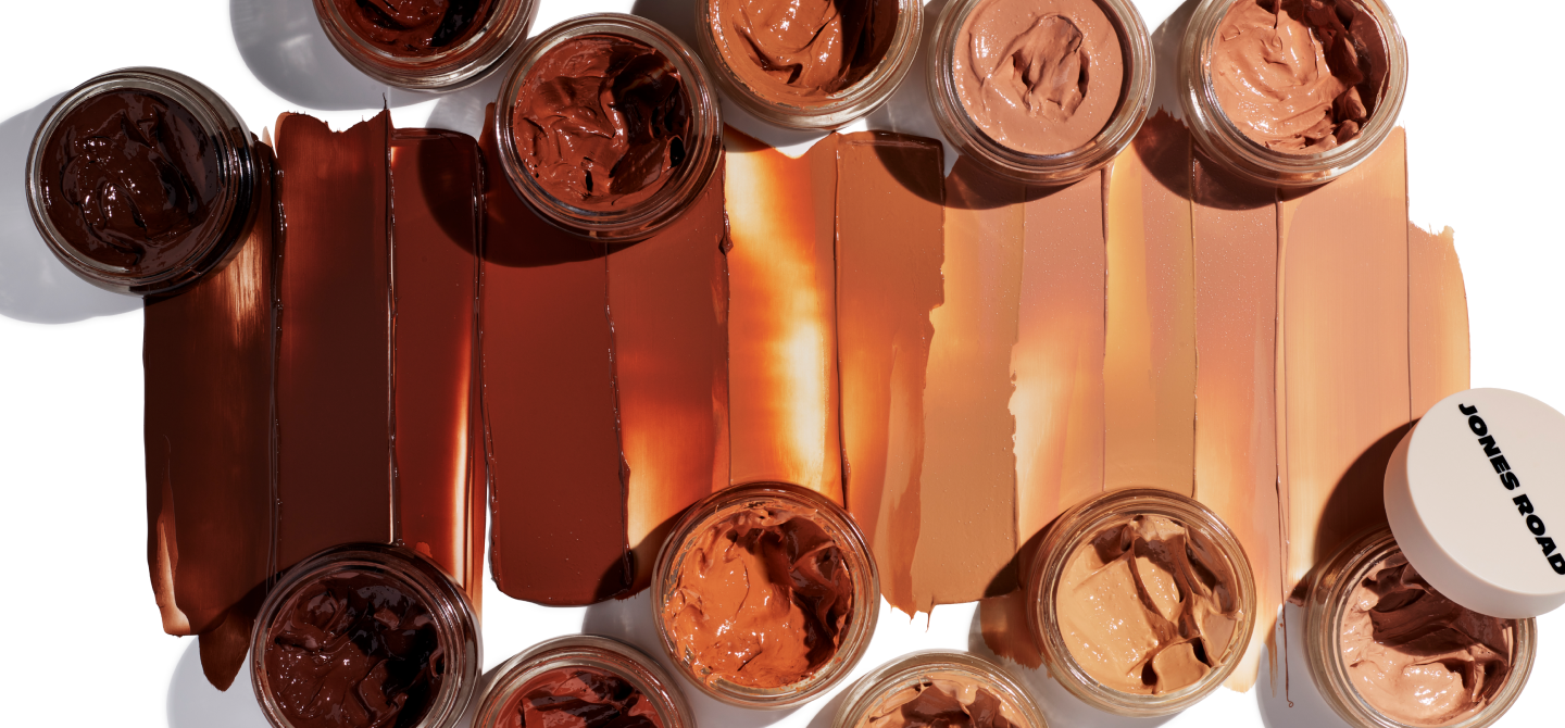 Several swatches of What The Foundation from Jones Road Beauty showing the different shades available.